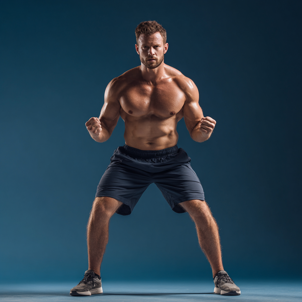 Strong confident man in athletic pose showing determination and power during workout session